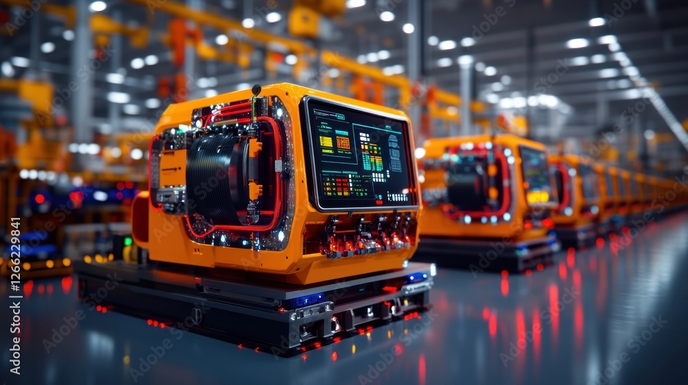 Poster futuristic factory: automated production line of orange robots