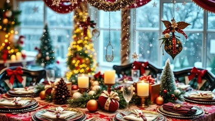 Naklejka premium Snowflakes gently fall on the intricately decorated Christmas table, winter wonderland, christmas table