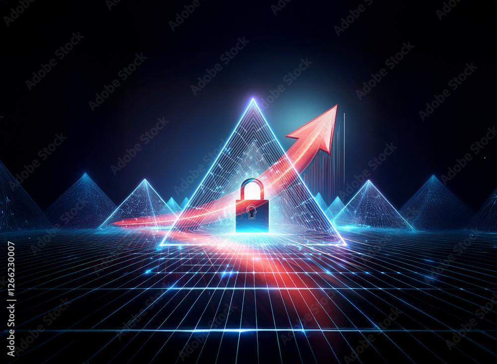 Poster futuristic digital security concept. a glowing padlock within a neon triangle, illuminated by a red 