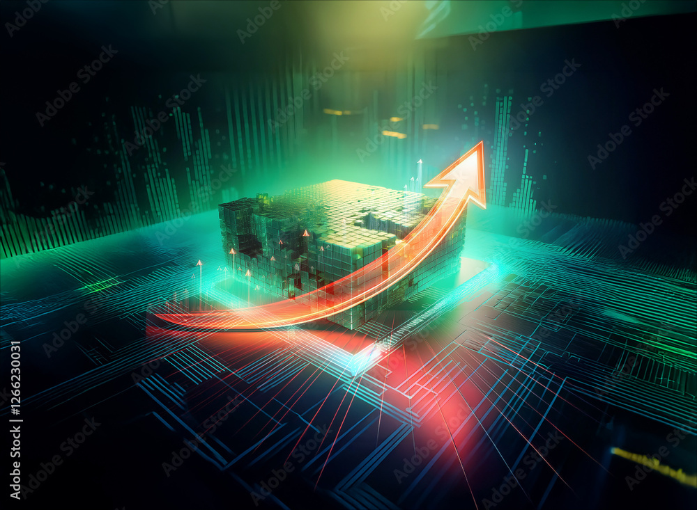 Poster a luminous cube with a red arrow pointing upwards conveys growth within a futuristic and technologic
