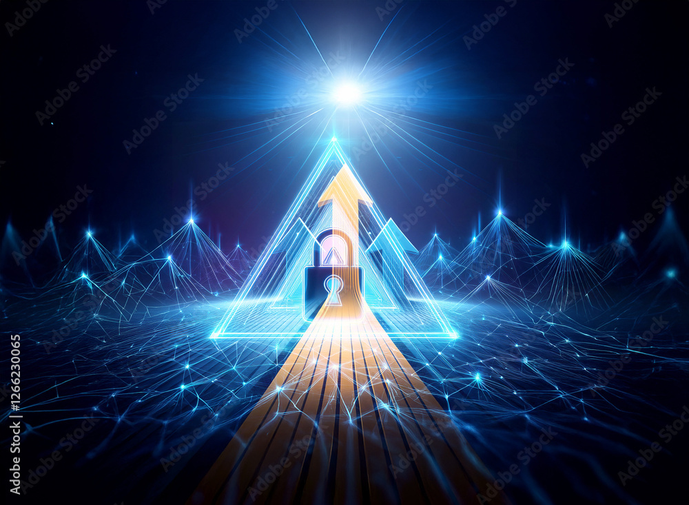 Poster futuristic digital scene featuring a padlock on a glowing path with an arrow pointing upwards in a b