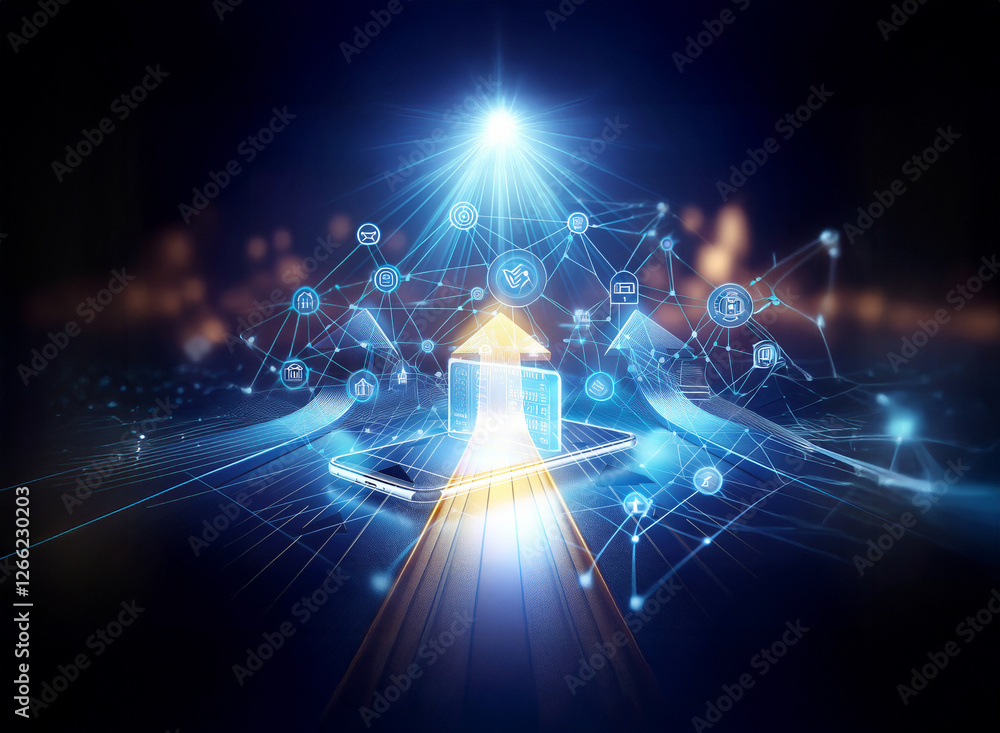 Poster futuristic network with glowing arrows pointing upwards, symbolizing digital growth and connection. 