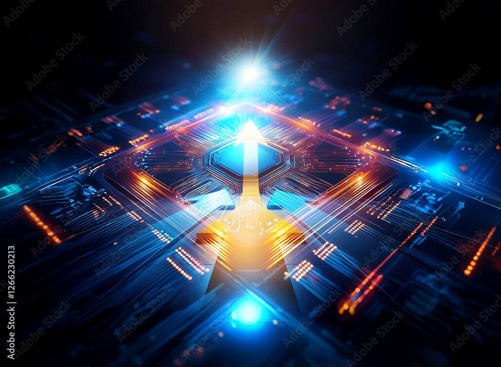 Poster futuristic technology with glowing arrow pointing up surrounded by circuit patterns and vibrant blue