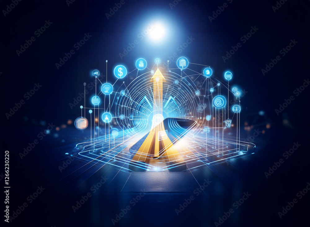 Poster illuminated golden arrow ascends from a hexagonal platform amidst digital icons and interconnected n