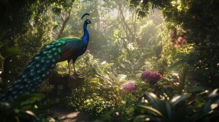 Obraz premium Vibrant peacock standing majestically in a lush, colorful garden filled with blooming flowers and greenery