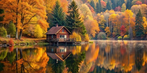 Fototapeta premium Cozy autumnal retreat by serene lake, charming cottage, autumn foliage