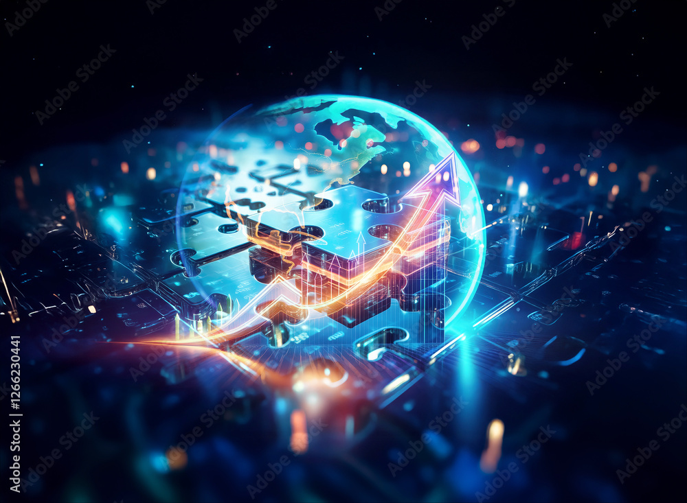 Poster a digital globe with a vibrant arrow pointing upwards is placed on a circuit board. blue and orange 