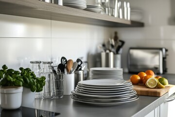 Clean kitchen with stacked plates and fresh basil.