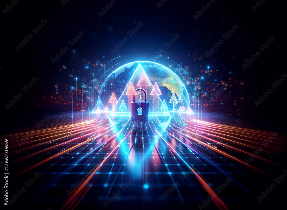 Poster a digital padlock secures a glowing globe with futuristic lines and triangles, symbolizing online da