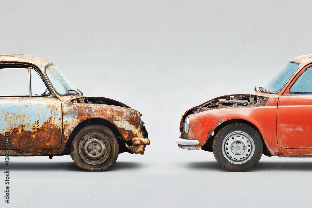 Poster Comparison of a rusted dented car and a perfectly restored vehicle showcasing transformation and repair quality. Generative AI