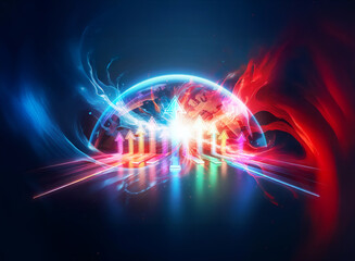 Obraz premium Futuristic abstract artwork with glowing semi-sphere emitting colorful arrows on vibrant blue and red backdrop with light trails.