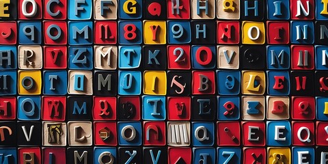 Colorful abstract typography artwork featuring a grid of multicolored letters and symbols, creating a vibrant and dynamic composition that blends design, creativity, and modern aesthetics.

