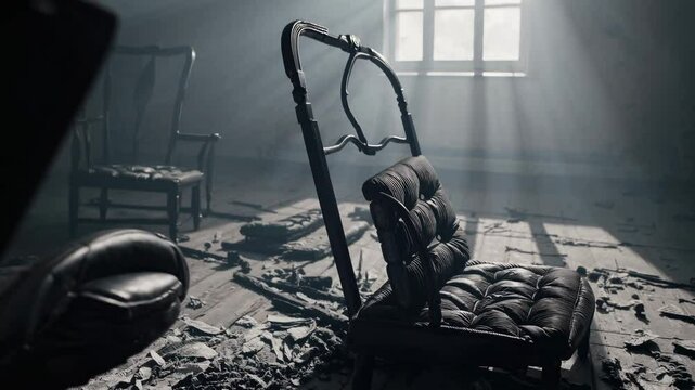 An abandoned room with a lonely chair covered in dust, a gloomy and mysterious atmosphere of desolation and loneliness, a window with diffused light, old things and lost memories