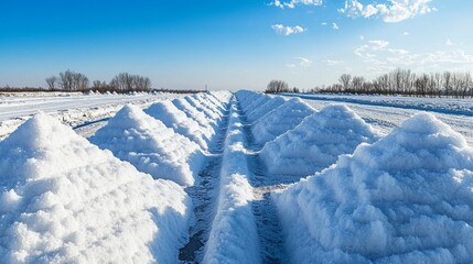 Obraz premium Endless rows of meticulously arranged salt pyramids, their white crystals reflecting sunlight under a bright blue sky