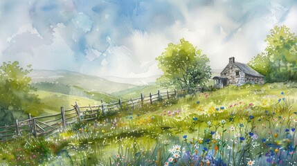 Serene Countryside Landscape with Cottage and Colorful Wildflowers