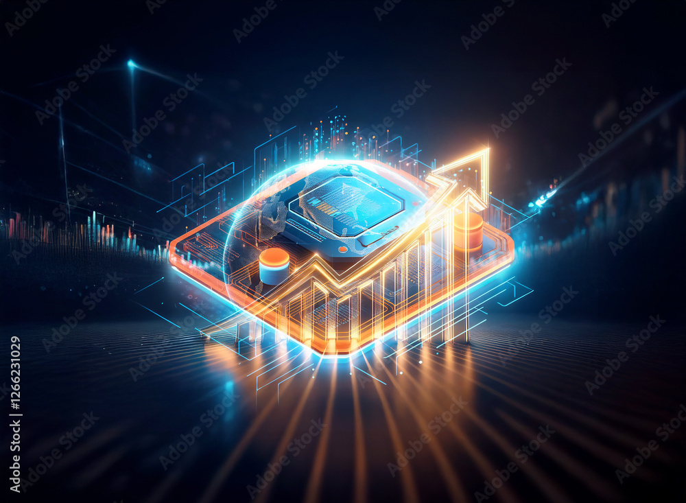 Poster futuristic digital chart glows with an upward arrow, symbolizing growth and progress in a technologi