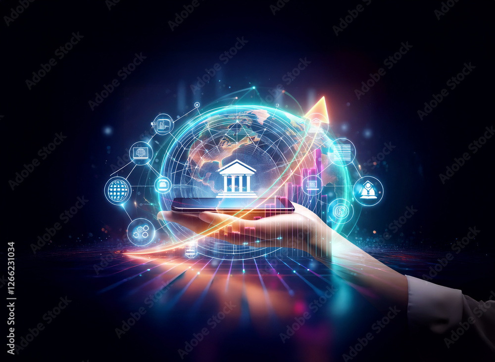 Poster a hand holds a phone displaying a digital globe with a bank icon and an upward arrow, representing f