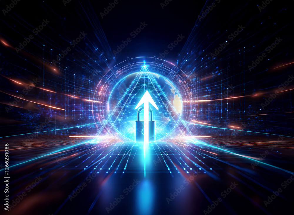 Poster abstract futuristic scene with a bright blue arrow pointing up, inside a glowing circle and triangle