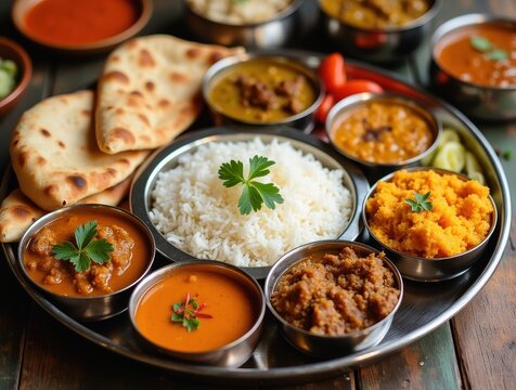 Indian thali platter presenting assorted curries, naan, rice, and colorful spices