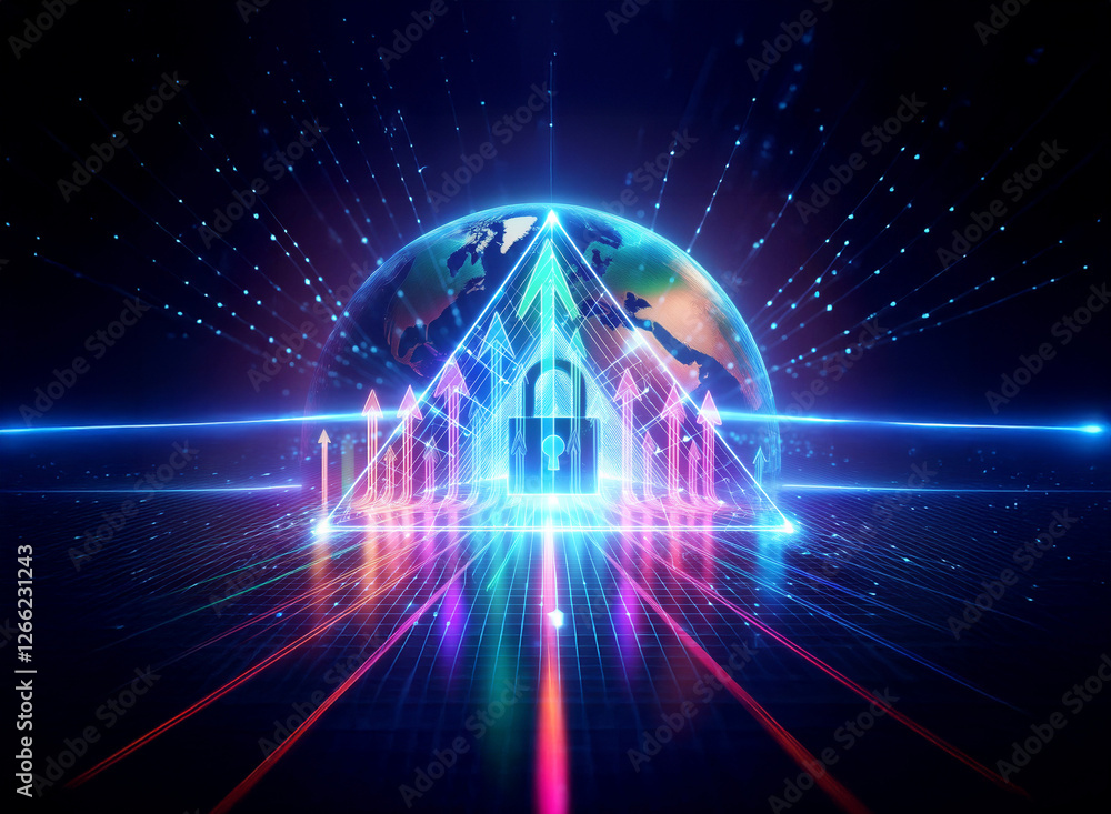 Poster digital globe with glowing padlock in pyramid structure symbolizes global online security. bright li