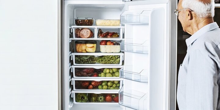 An elderly man standing in front of an open refrigerator packed with fresh produce and containers of preportioned meals showcasing an organized and healthfocused approach to daily - Powered by Adobe