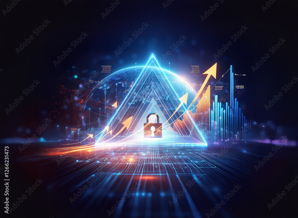 Poster futuristic digital security concept featuring a glowing triangle with a padlock inside, symbolizing 