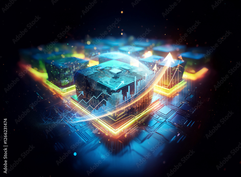 Poster a futuristic grid of glowing cubes forms an abstract network. an upward arrow signifies progress and