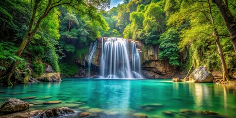 Obraz premium A serene waterfall cascades into a crystal-clear pool amidst an emerald-green forest canopy, with towering trees and vibrant foliage surrounding the scene , natural beauty, woods