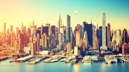 Fototapeta premium NYC sunrise skyline, harbor view