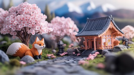 Small house with fox figurine and miniature japanese garden diorama in front of it