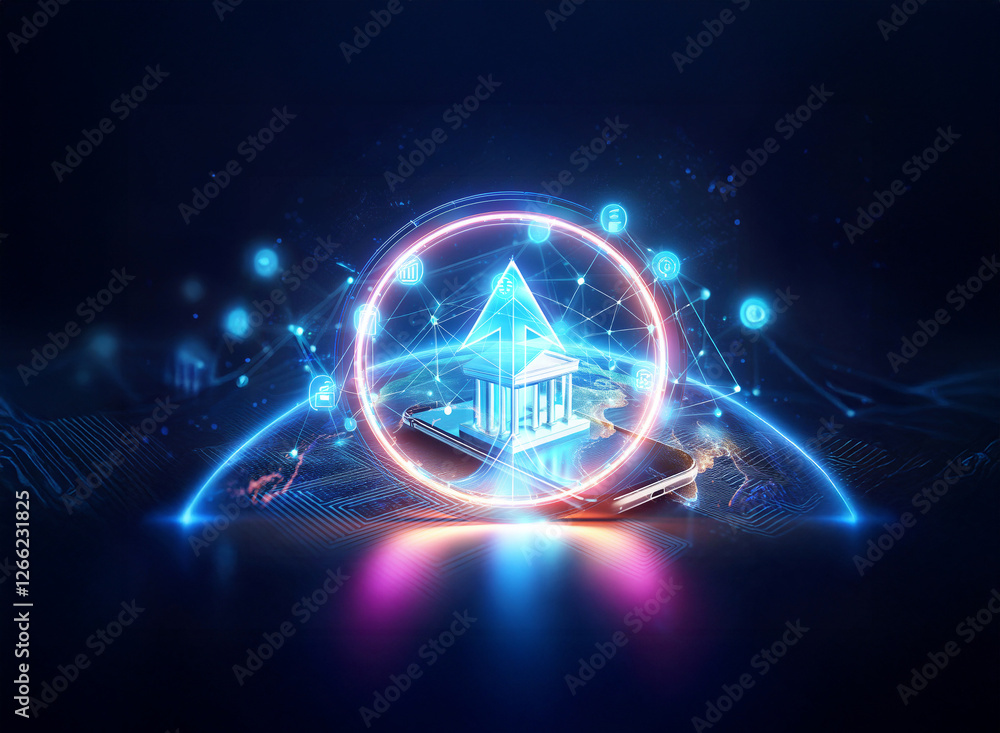 Poster futuristic digital pyramid structure illuminated in blue and pink light within a glowing circle on a