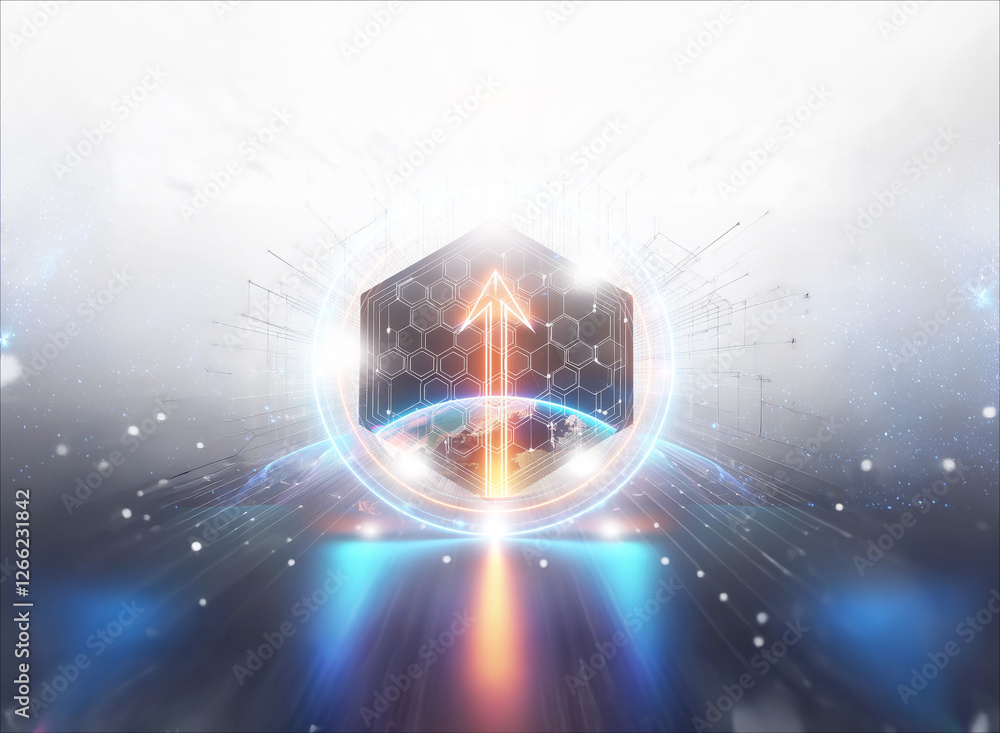 Poster image presents a futuristic technological concept with a central hexagon shape containing an upward 