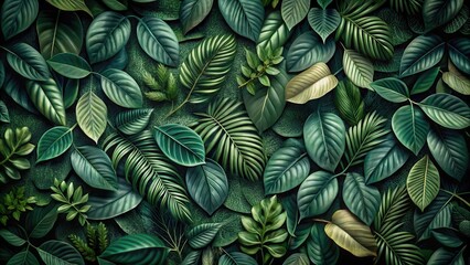 Dark green foliage with intricate leaf patterns in a glossy camouflage background, blending seamlessly into the shadows