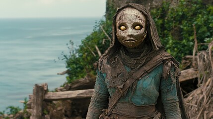 Mysterious Metallic Figure  Coastal Landscape  Sci Fi  Futuristic Robot  Golden Eyes