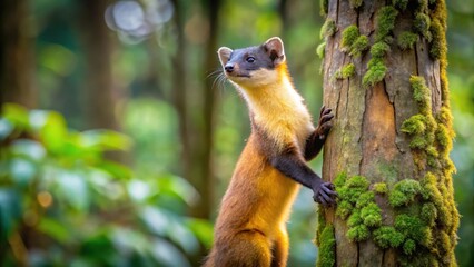 Obraz premium A yellow-throated marten with a brown coat and white markings is seen climbing up a tree trunk in a dense forest of Chitwan National Park in Nepal , Forest Tree, Animal Habitat