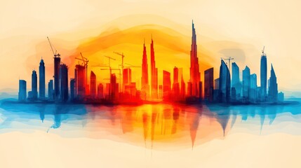 Obraz premium Dubai Skyline Sunset Watercolor Painting