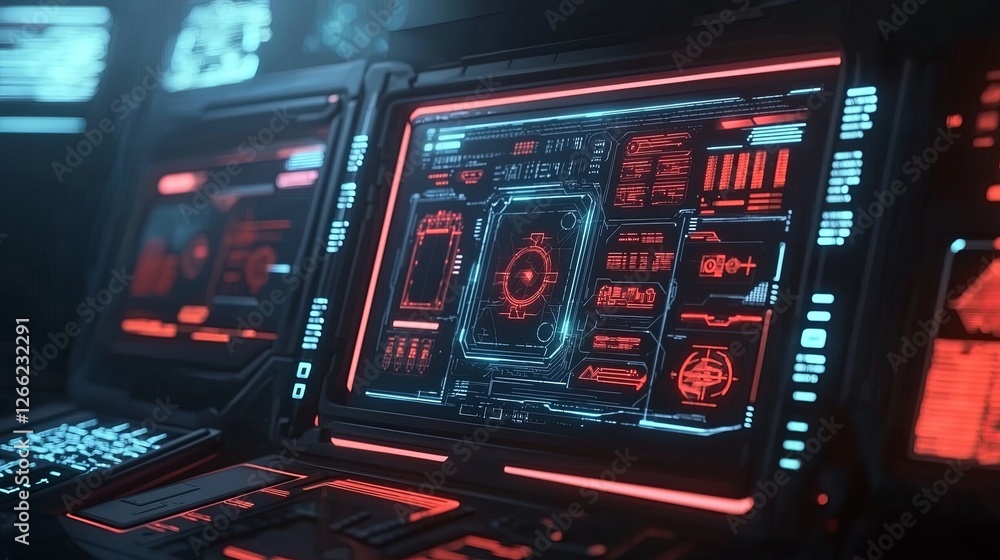 Poster futuristic control panel interface with neon glow and dark background