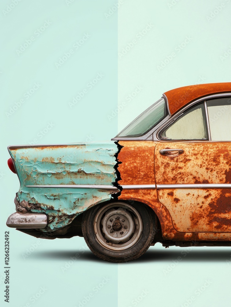 Poster dented rusted car and perfectly repaired vehicle showcased in a side by side comparison highlighting