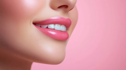 Obraz premium Close-Up of Smiling Woman with Glossy Lips on Soft Pink Background