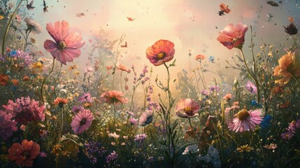 Obraz premium Vibrant Wildflower Field Under Soft Sunlight with Delicate Butterflies