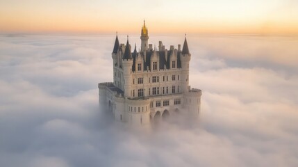 Fototapeta premium Majestic Castle Above Clouds Sunrise Fantasy Fairytale Architecture