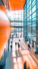 Modern interior of an office building, with glass walls in an orange hue and blurred people walking in motion blur