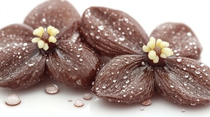Chocolate flowers with dew drops on white background