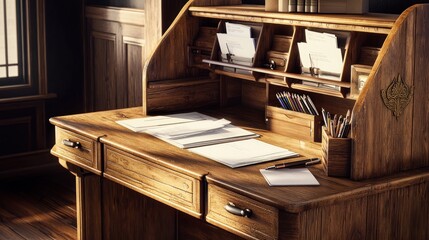 Antique wooden desk in a sunlit study, papers and writing utensils