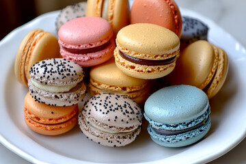 Obraz premium Assorted colorful macarons stacked on a white plate showcasing delicate French pastry craftsmanship