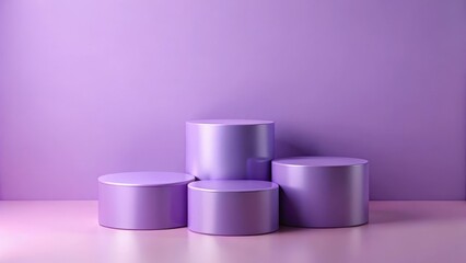 Four violet cylindrical stands on light purple background for product showcasing, product display, minimalist decoration