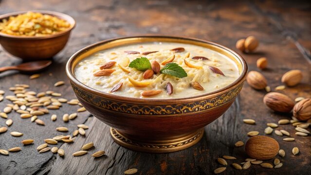 Traditional Indian dessert creamy kheer with a layer of sliced almonds and a sprinkle of cardamom powder on top, golden brown sauce, spiced rice