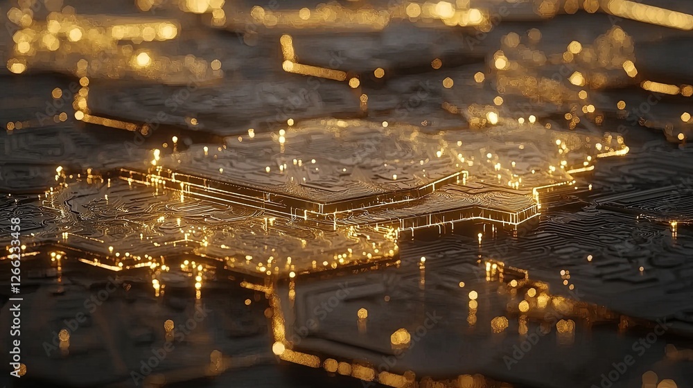 Poster golden circuit board texture with glowing lights and patterns