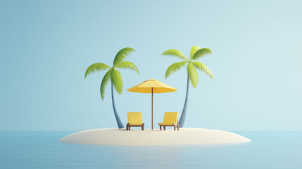 Obraz premium 3D illustration of a small island, with a couple of palm trees, a yellow umbrella and a couple of chairs