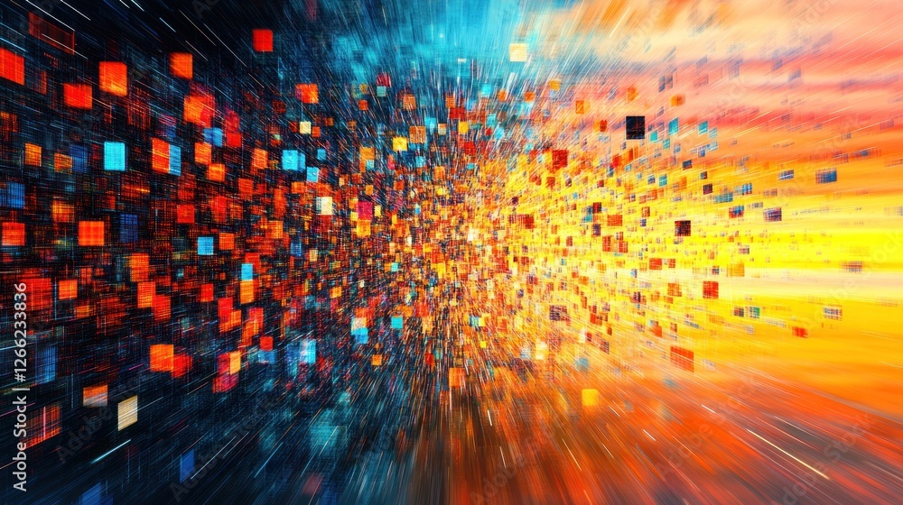 Aufkleber abstract digital data stream: a vibrant explosion of colorful squares symbolizing the flow of inform